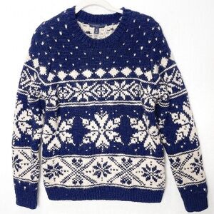 Lands’ End Snowflake Sweater Wool Blend Navy White Thick Size Medium